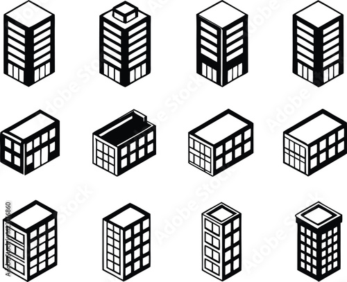 A collection of 12 detailed isometric icons of various buildings and skyscrapers, representing city life, architecture, business districts, and real estate in a modern, geometric style.