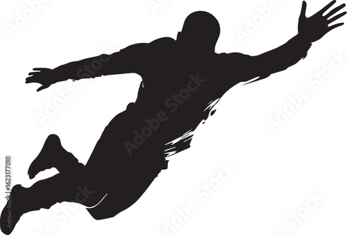 Silhouette of Person Mid-Air with Outstretched Limbs Conveying Energy and Freedom in Dynamic Motion
