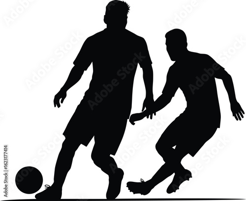 Silhouette of two soccer players in action, one dribbling and the other defending, on a field with a football.