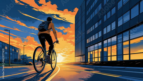 Man Cycling Through City at Sunset / Sunrise
