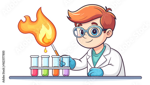 Young scientist conducting experiment with colorful test tubes and a flame, smiling