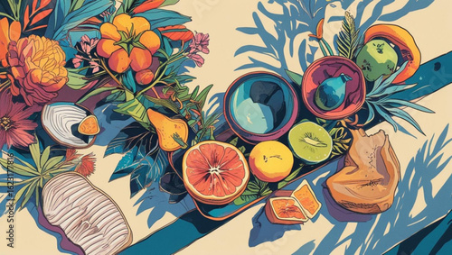 Vibrant Tropical Fruit and Floral Arrangement Flat Lay