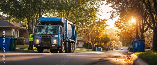 Garbage truck collecting residential waste at sunrise with autumn trees and copy space, ideal for municipal service campaigns, sustainability initiatives, neighborhood recycling education, and public 