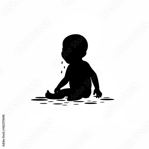 Silhouette of a baby smiling while drooling on white background