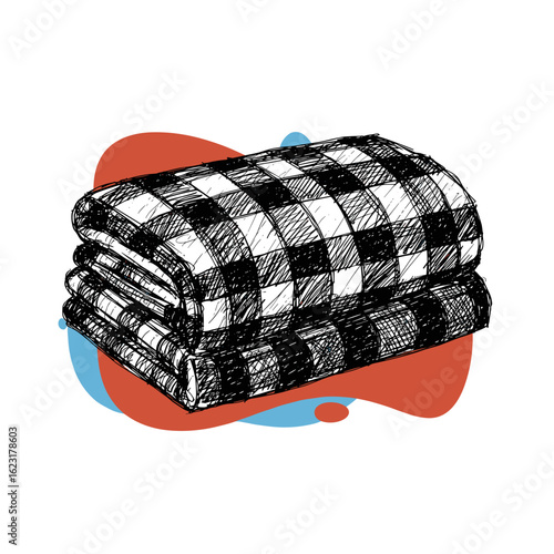 Folded black and white checkered blanket on colorful background  