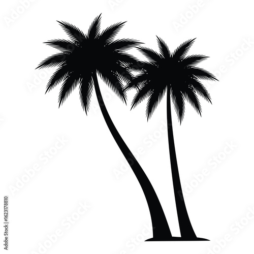 Art of silhouette of two palm trees isolated on white background, representing a tropical summer paradise