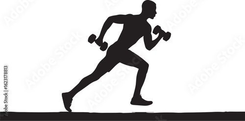 Silhouette of Person Running with Dumbbells in Hands for Strength and Cardio Training
