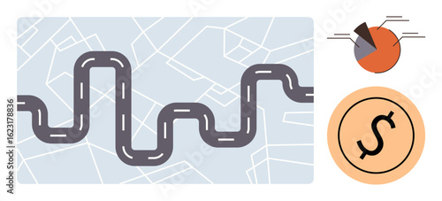 Curved road traversing a map, pie chart divided into sectors, and currency sign in circle. Ideal for journey planning, travel, navigation, business strategy, financial analysis, progress tracking