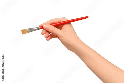 Human hand holding a red paintbrush on a white background, symbolizing art, creativity, and painting.