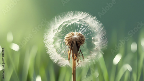 Macro Shot of Dandelion Seed Head on Soft Green Background
