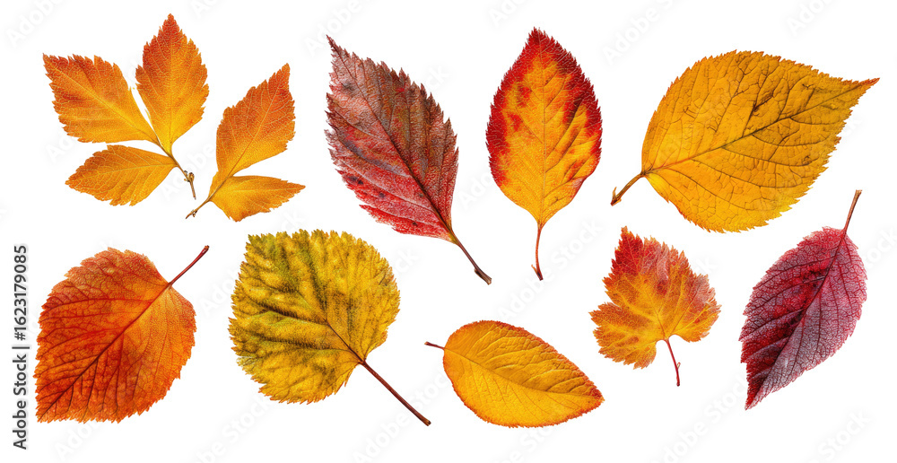 Obraz premium Autumn leaves in vibrant hues. A collection of various autumn leaves, displaying shades of orange, red, and yellow, against a black background. Distinct leaf shapes and textures are visible