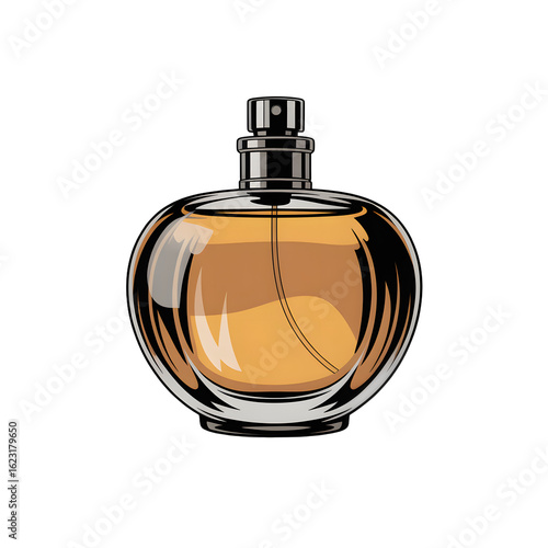 Vector art of a sleek perfume bottle with amber liquid is isolated on a transparent background, radiating luxury and elegance