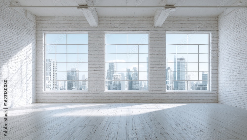 Fototapeta premium Empty loft space, city view, bright sunlight