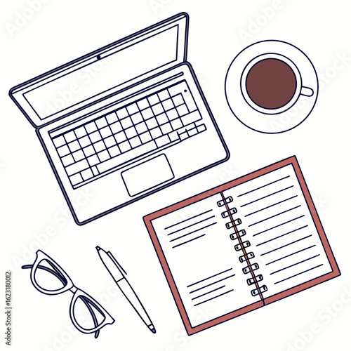 Workspace setup with laptop, coffee, notebook, glasses, and pen isolated on white background