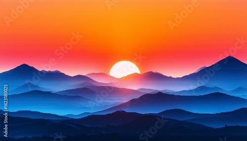 vibrant orange and pink sunrise over blue layered mountains landscape featuring pixelation and ai artifacts