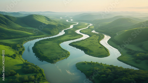 Drone View of Winding River in Green Valley