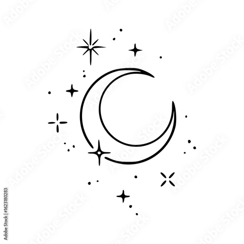 abstract lunar crescent and starry design