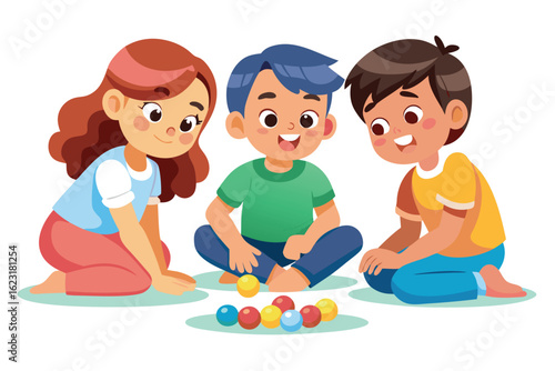 Three children are playing marbles together isolated on white background