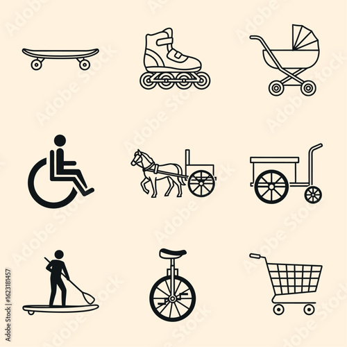 Diverse transportation modes depicted in simple black and white line art, Ranging from skateboards to horse-drawn carriages