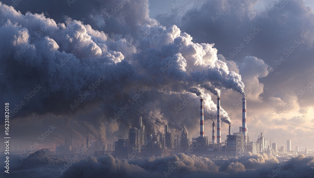 Fototapeta premium Industrial city shrouded in pollution clouds