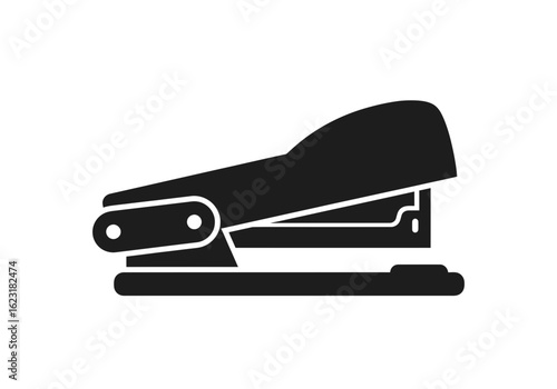 Illustration of a black stapler with a long handle and a curved top on a white background image