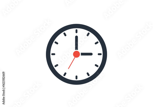 Illustration of a simple clock with a black border and red second hand showing three o clock on a white background