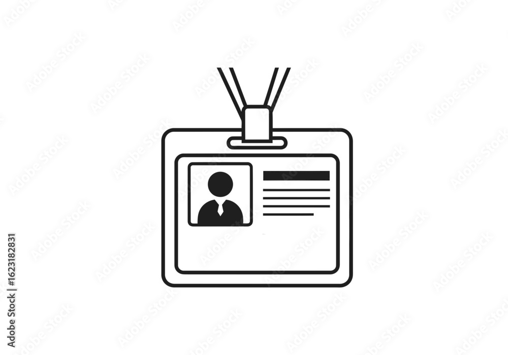 Obraz premium Illustration of a black and white id badge with a lanyard and a person picture and some text lines