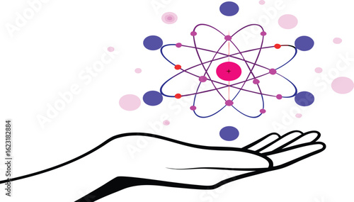 Hand holding atom model with orbiting electrons and particles science