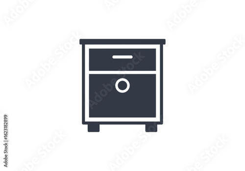 Illustration of a dark blue nightstand with two drawers and a circular handle on the bottom drawer