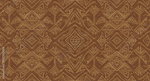 Geometric Brown Pattern with Tribal and Ethnic Motifs Repetitive Design