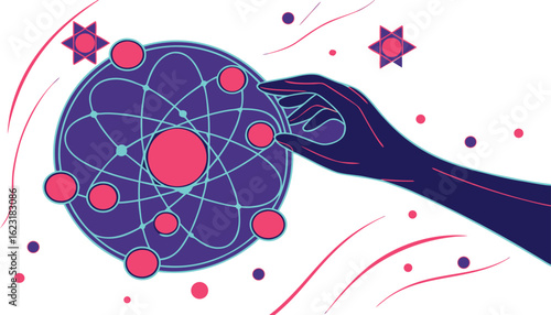Hand Manipulating Abstract Atomic Structure With Stars And Orbs manipulation