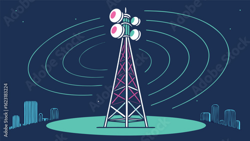 Communication tower broadcasting signals over city skyline waves