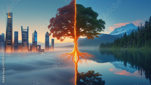 Surreal Scene Merging Modern City with Pristine Wilderness
