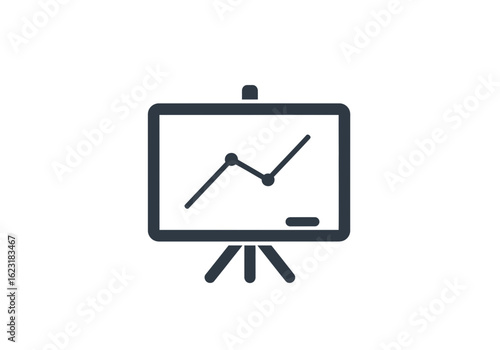 Presentation board displaying a line graph with an upward trend on a tripod stand in dark blue color