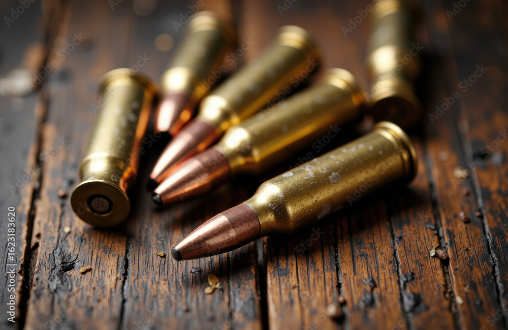 Bullets of ammunition lying on a wooden surface with a rustic appearance Bullets of ammunition lying on a wooden surface with a rustic appearance