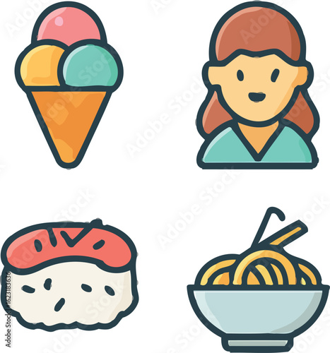 Collection of Food and Person Icons with Stylized Outlines and Colors