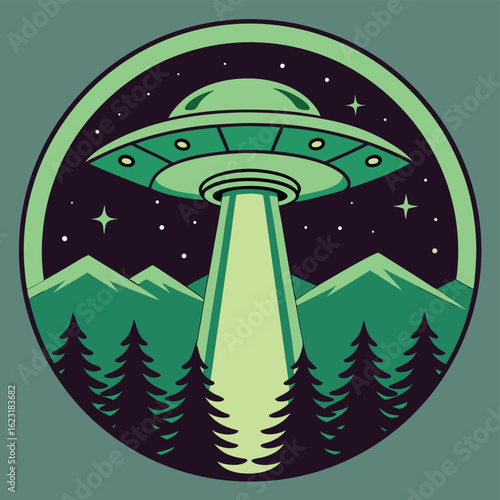 Retro UFO Abduction Scene over Mountainous Forest at Night