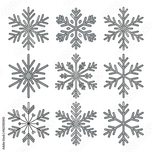 Vector art of collection of nine snowflakes with intricate designs isolated on transparent background