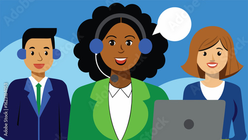 Diverse team members in professional attire with communication bubble and laptop people