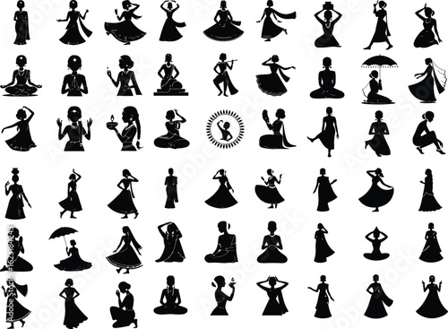 Girl in Traditional Indian Dress Silhouette Set – Cultural Icon Collection Indian Girl Silhouette Pack – Traditional Saree & Festive Pose Icons