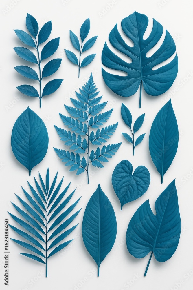 Fototapeta premium A collection of various blue tropical leaves and foliage arranged on a white background