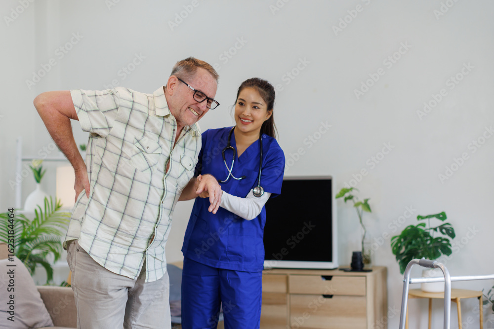 Fototapeta premium Help, support and wheelchair with nurse and old man for disability, rehabilitation and healing. Retirement, physiotherapy and healthcare with patient and black woman nursing home for medical caregiver
