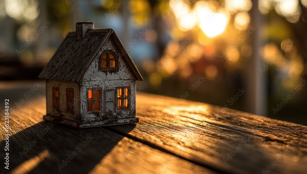 Naklejka premium Miniature house on weathered wooden table, bathed in golden sunset light