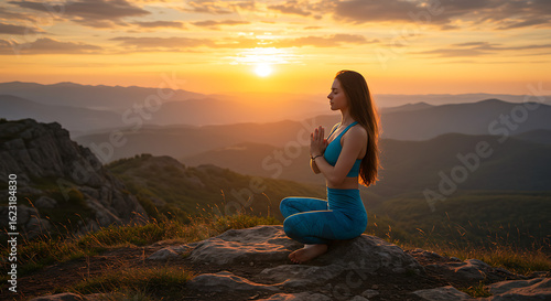 A young woman meditates on a rock, enjoying the scenic mountain landscape at sunset