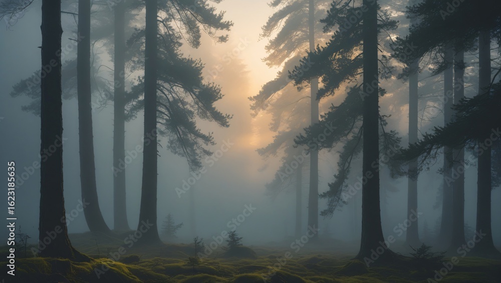Naklejka premium Early morning fog drifting through pine trees, soft silhouettes fading into distance, earthy scent and calm implied – meditative forest air