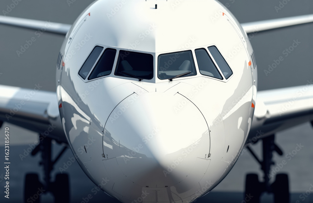 Obraz premium Close-up of a modern commercial airplane front view on runway