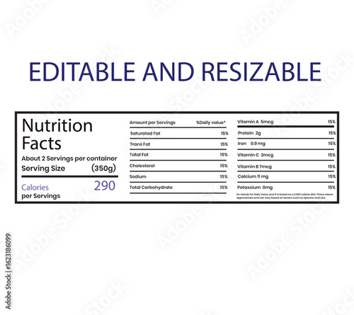 Editable nutrition facts label template for food products showing daily values and serving sizes information for consumers