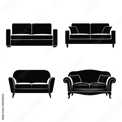 Art of collection of four black sofas isolated on white background, showcasing diverse styles from modern to classic for interior design inspiration