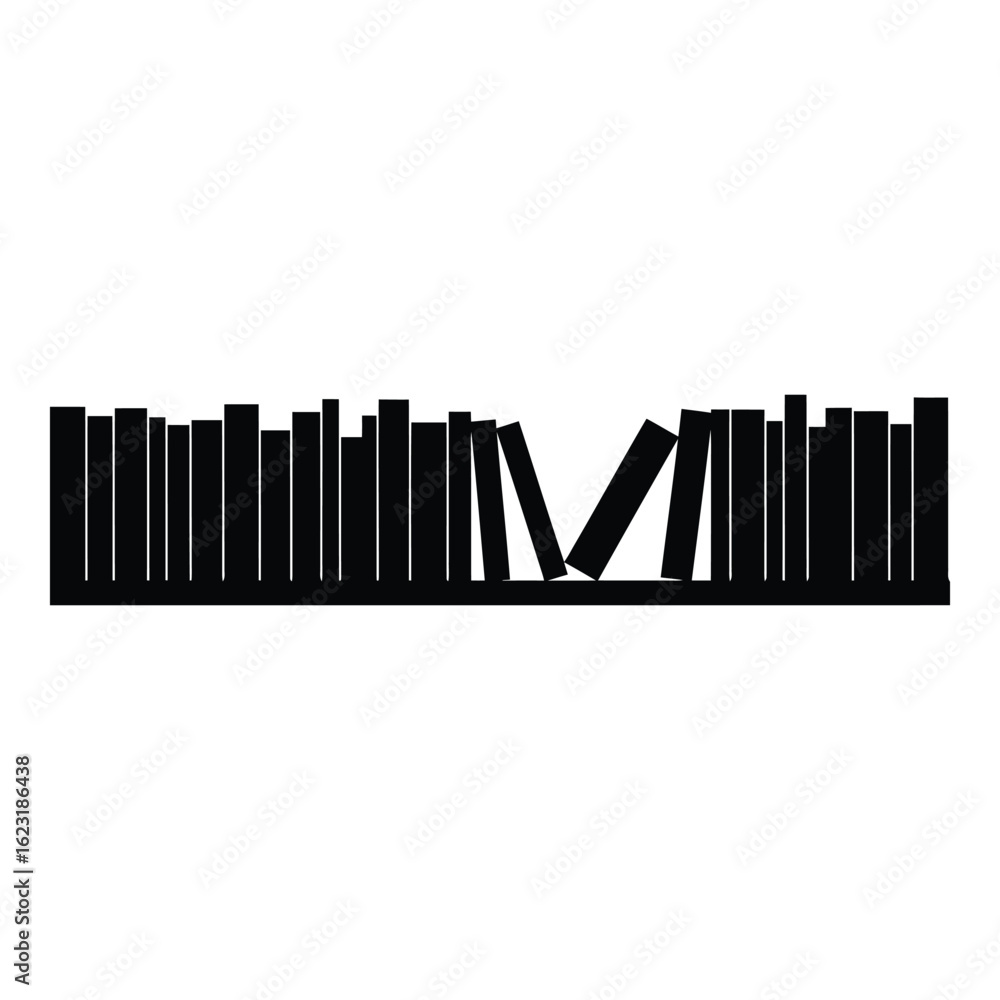 Obraz premium Art of silhouette of a bookshelf filled with books, some leaning, isolated on white background