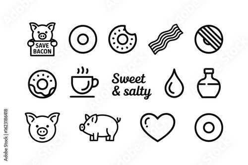 Piggy donuts coffee bacon heart drop bottle and text vector